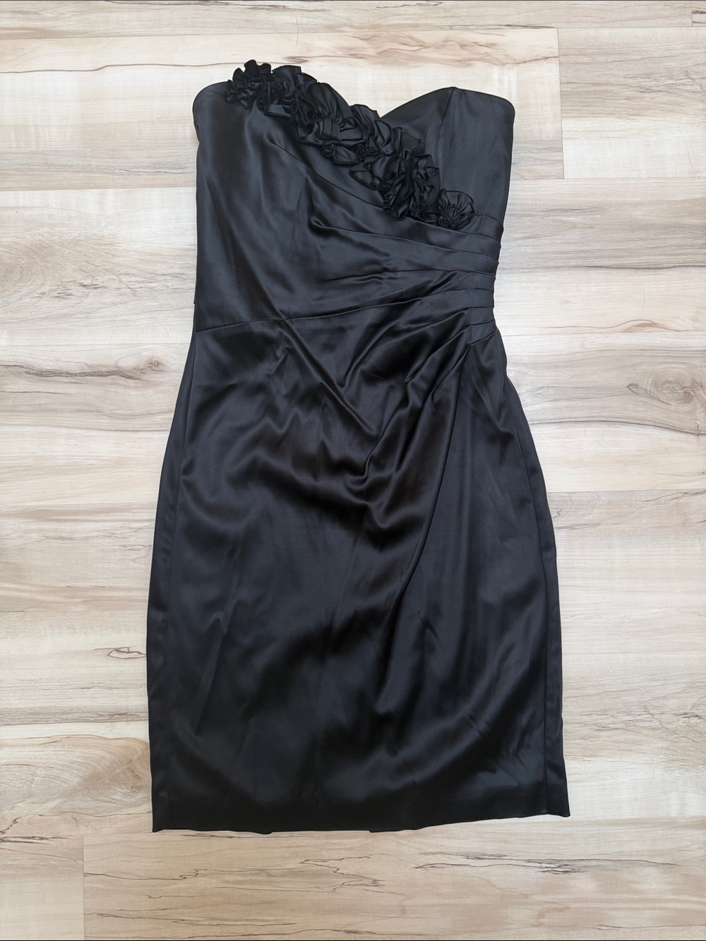 White House Black Market Strapless Black Satin Dress with Floral Appliqué